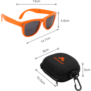 Orange folding sunglasses with dark lenses and a black carrying case featuring a logo. Dimensions included.