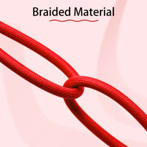 A red charging strap made of braided material, displaying a close-up of the intertwined sections.