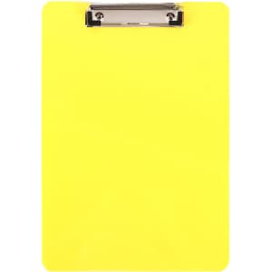 A yellow clipboard with a silver metal clip on top, suitable for holding papers securely.