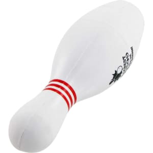 A bowling pin-shaped stress reliever in white with red stripes and a logo on the surface.