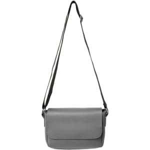 A grey polyurethane shoulder bag with an adjustable strap and a flap closure, featuring a logo.