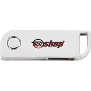 A metallic silver swivel flash drive featuring a logo, with a sleek design and practical functionality.