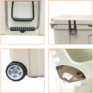 A 120L cooler box in beige with wheels, handle, locking tab, and metal bottle opener featured on the side.