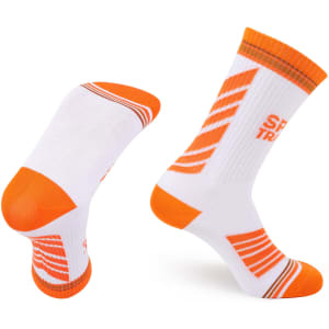 Crew woven sport socks in white and orange with a striped design and a logo feature.