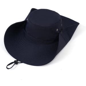 A wide brim sun hat in navy blue with a circular top and extended side brims, featuring ventilation holes and a logo.