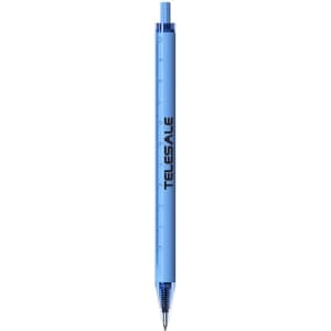 A blue pen featuring a ruler along the barrel and a logo, designed for writing.