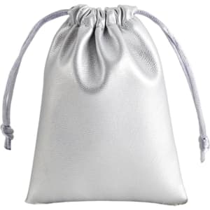 A silver PU leather drawstring gift bag with a gathered top and matching drawstring.