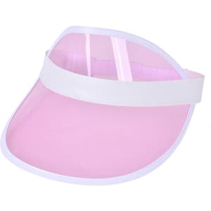 A pink PVC sunscreen hat with a white band and a clear visor, featuring a logo on the front.
