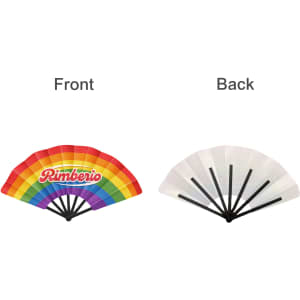 A plastic hand fan featuring a rainbow design on the front and a plain white back with black spokes.