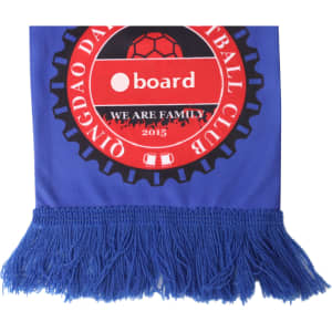 A knitted polyester scarf in vibrant blue with fringed ends and a logo design.