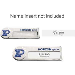 A custom reusable metal name badge in silver with a logo and space for a name insert.