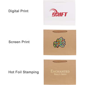 A medium crosswise paper bag in brown with a fabric flat handle and various printed designs.
