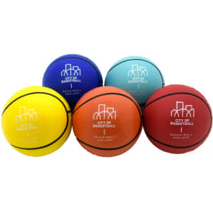 A collection of five basketball-shaped stress relievers in yellow, blue, orange, red, and teal, each featuring a logo.