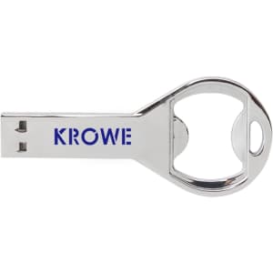 A drink bottle opener and flash drive in shiny silver with a branding logo.