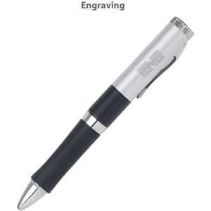 A silver and black pen featuring a textured grip and a branding logo, designed for engraving.