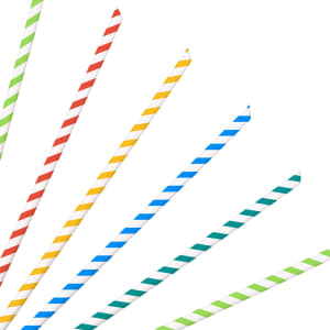 A collection of disposable 4-ply straight angled paper straws in red, yellow, blue, green, and white striped designs.