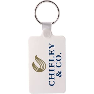 A rectangular Durasoft keyring in white, featuring a keyring attachment and a logo.