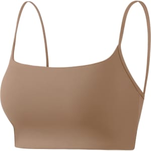A women's seamless thin-strap U-back yoga crop bra tank in a muted tan colour, featuring a simple design and a logo.