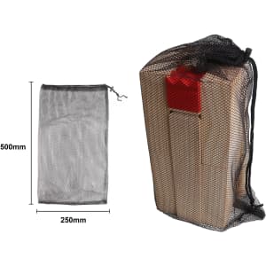 A mesh bag containing wooden game pieces for a Premium Wooden Kubb Set, measuring 500mm by 250mm.