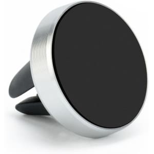 A clip-on car phone holder with a sleek black circular design and a metallic silver border.