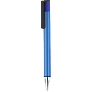 A blue pen with a black clip and a metallic finish, featuring a logo on its body.