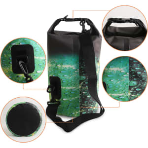 A Full Colour Dry Bag in green and black, featuring a textured design with water droplets and a strap for carrying.
