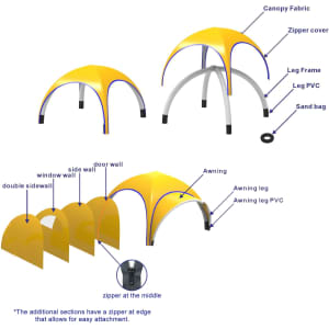 A yellow 3x3m inflatable marquee with a leg frame, canopy fabric, and various attached components like walls and awnings.