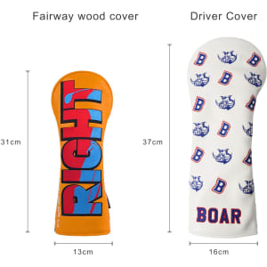 A custom golf head cover in orange and white, featuring graphics and a logo, designed for fairway woods and drivers.