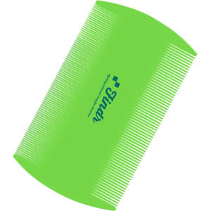 A green pet flea comb with fine and coarse teeth, featuring a small logo on one side.