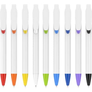 A set of nine plastic pens with creamy white barrels and coloured accents in orange, yellow, green, blue, purple, and black.