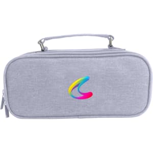 A grey pencil case with compartments and a handle, featuring a colourful logo on the front.