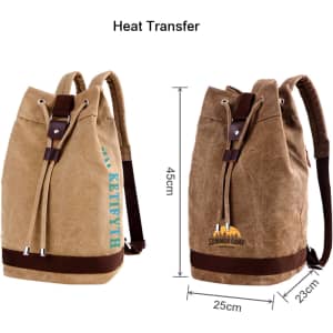 A brown canvas bucket backpack with adjustable straps, featuring a logo and dimensions displayed.