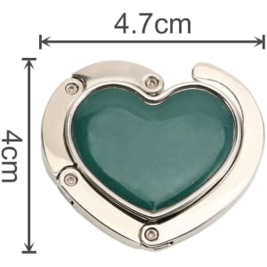 A heart-shaped foldable desk hook in silver and teal, featuring decorative accents and measuring 4.7 cm by 4 cm.