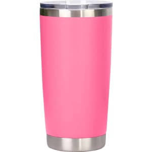 A drink bottle in a vibrant pink with a stainless steel base and a clear lid, featuring a logo.