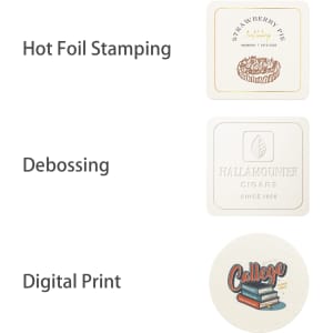 A round absorbent paper coaster in cream with a digital print design featuring a college theme and a branded logo.