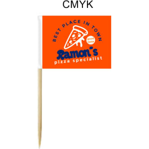 A pack of 100 small orange and white labeling stick flags with branding and a wooden stick.
