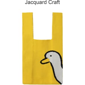 A yellow knitted handbag featuring a duck design and a square handle. The bag has a logo on it.