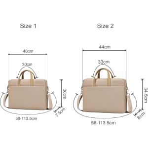 Two beige laptop bags are displayed side by side, showing different sizes and dimensions. Each bag features handles and a shoulder strap.