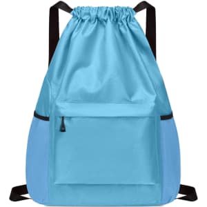A blue multi-pocket drawstring backpack featuring a front zip pocket and adjustable straps. It has a logo on it.