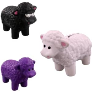 Three sheep-shaped stress relievers in black, white, and purple, featuring distinct expressions and textures.