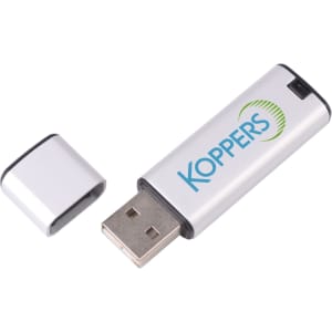 A silver flash drive with a removable cap, featuring a logo.