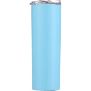 A drink bottle in light blue with a double wall, stainless steel design and a clear lid. It features a logo.