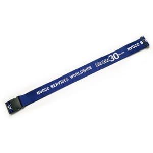 A blue woven luggage belt featuring a black plastic buckle and a logo. Suitable for securing luggage.