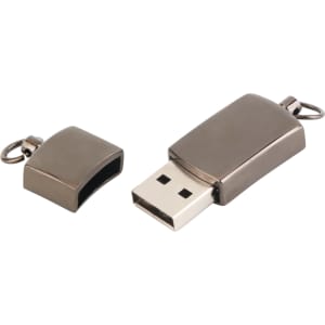 A metallic silver flash drive with a removable cap. The drive has a loop for attaching to keychains or lanyards.