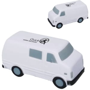 A white van-shaped stress reliever featuring a logo, ideal for fun and games.