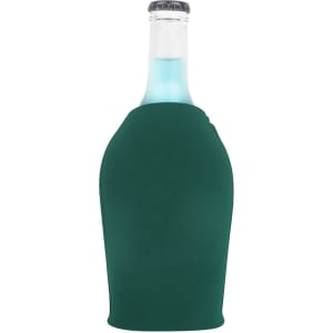 A drink bottle is encased in a dark green cooler with a zipper, featuring a transparent top.
