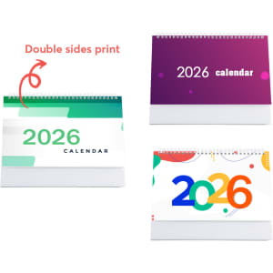 A desk calendar featuring a spiral binding, showcasing colourful designs for the year 2026 on multiple sides.