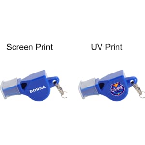 A blue plastic whistle featuring two print designs, one with a logo and one with the name "BORNA."