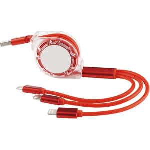 A retractable charging cable in red and clear, featuring three different connectors and a round casing.
