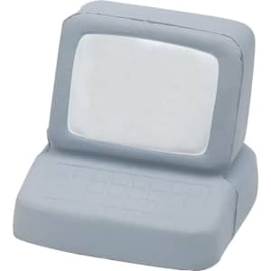 A grey computer-shaped stress reliever with a textured keyboard and smooth screen area. It has a simple design and a logo.